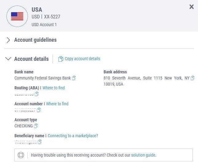 Payoneer USD Account details